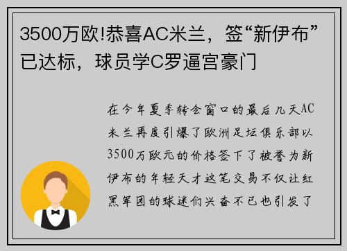 3500万欧!恭喜AC米兰，签“新伊布”已达标，球员学C罗逼宫豪门