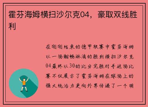 霍芬海姆横扫沙尔克04，豪取双线胜利