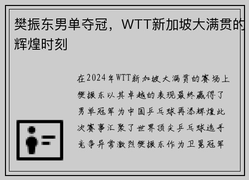 樊振东男单夺冠，WTT新加坡大满贯的辉煌时刻