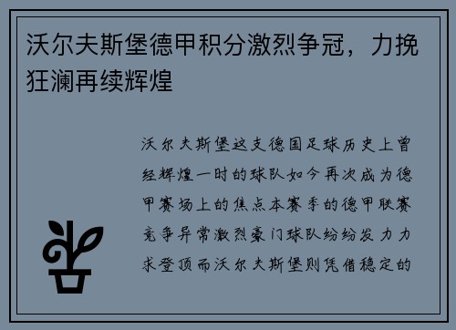 沃尔夫斯堡德甲积分激烈争冠，力挽狂澜再续辉煌